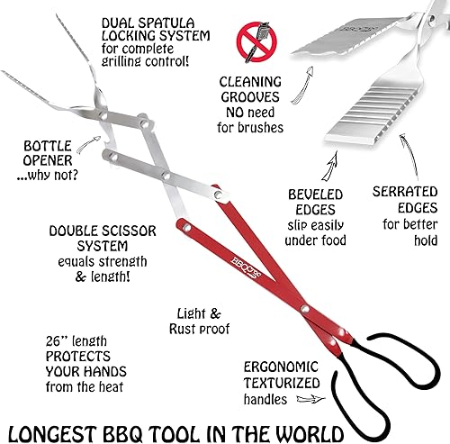 Miniatura 18 de BBQ Croc - Paquete de herramientas para barbacoa 3 en 1, 15 y 18 pulgadas con luz, pinzas extra ligeras, espátula y raspador de parrilla