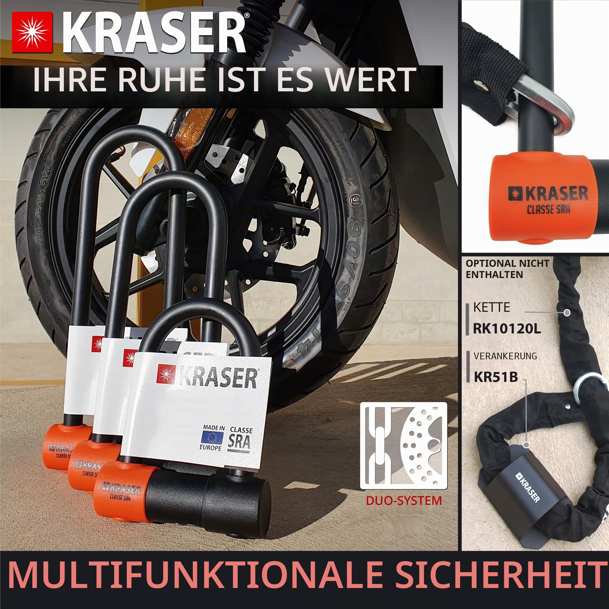 KRASER KR85M Anti-Diebstahl Motorrad Fahrradschloss Bügelschloss Vorhängeschloss U Homologiert SRA-Schloss Sicherheit Solides Schloss 85x250 Ø18 Diebstahlsicherung Motorräder Motorroller Fahrrad