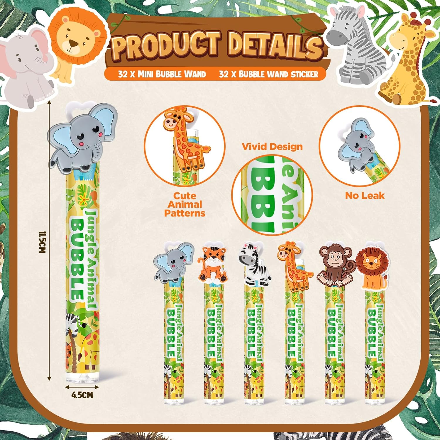 Shappy 32 Pcs Bubble Wand Bulk for Kid 6 Color Bubble for Graduation Birthday Party Favor Jungle Wild One Supplies,Goodie Bag Filler, Classroom Prize(Jungle Animals)