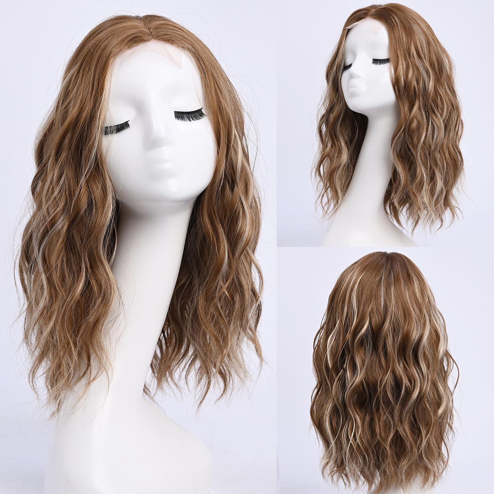 Perruque mi-longue avec mèches claires pour femmes 45 cm - Perruque brun chocolat avec mèches platine - Perruque ondulée à séparation médiane - Perruque synthétique pour cosplay, usage