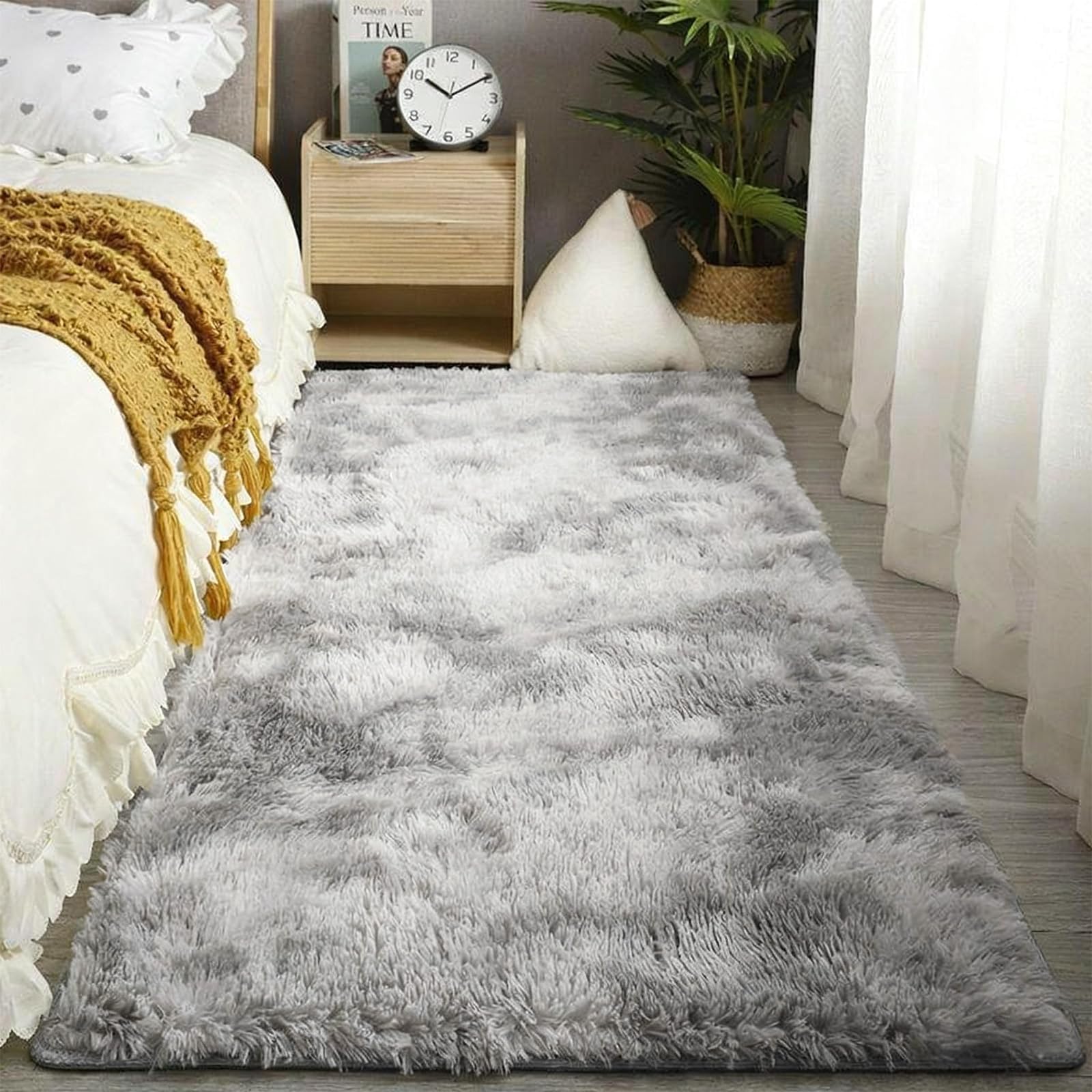 Bocguy Teppich Flauschig, Hellgrau Tie-dye Hochflor Teppich