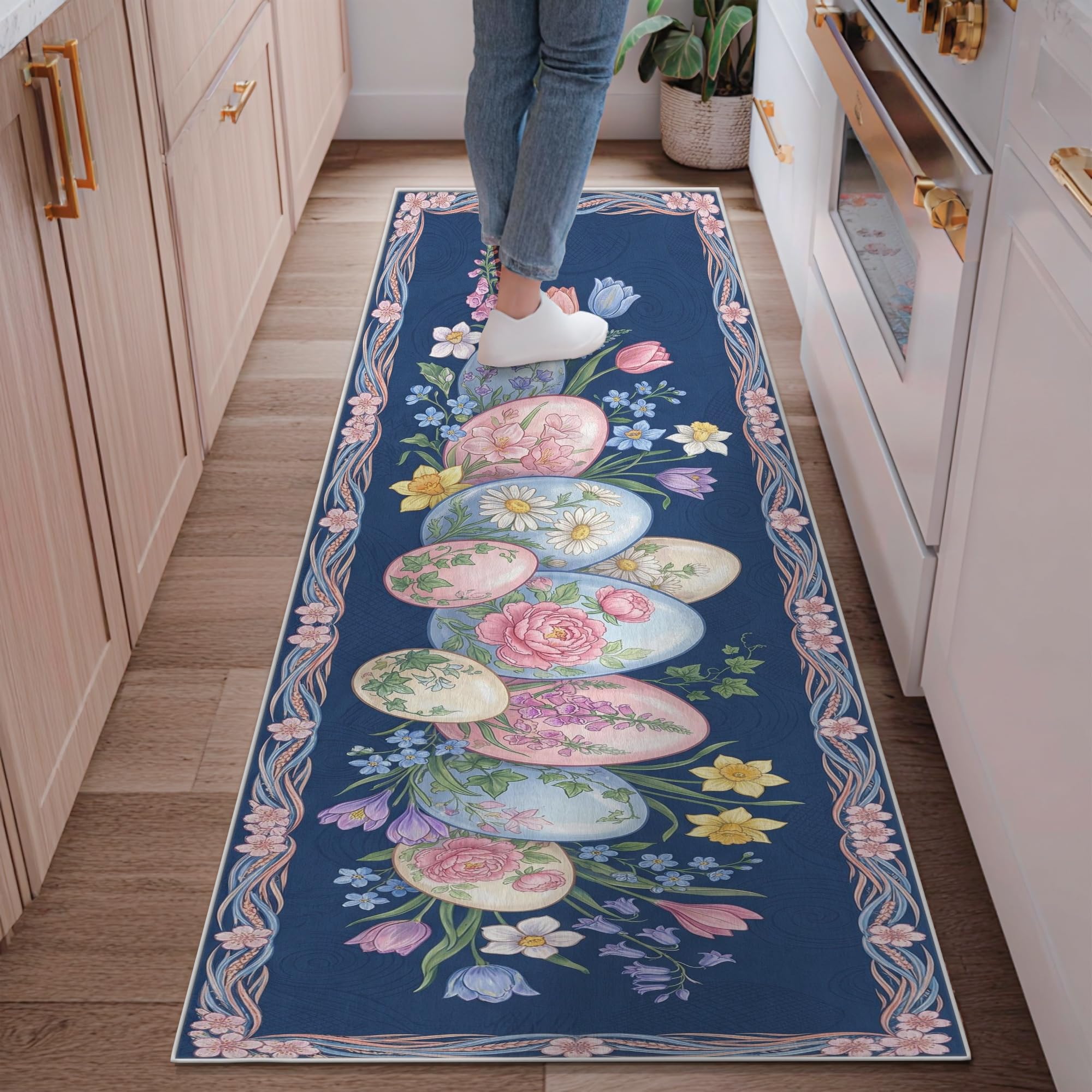 Tapis de couloir anti-tache pour entrée et couloirs motif marguerites