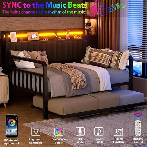 Miniatura 5 de Cama de día con nido y luz LED, marco de cama matrimonial de metal resistente con cabecera de almacenamiento tapizada y estación de carga, cama nido