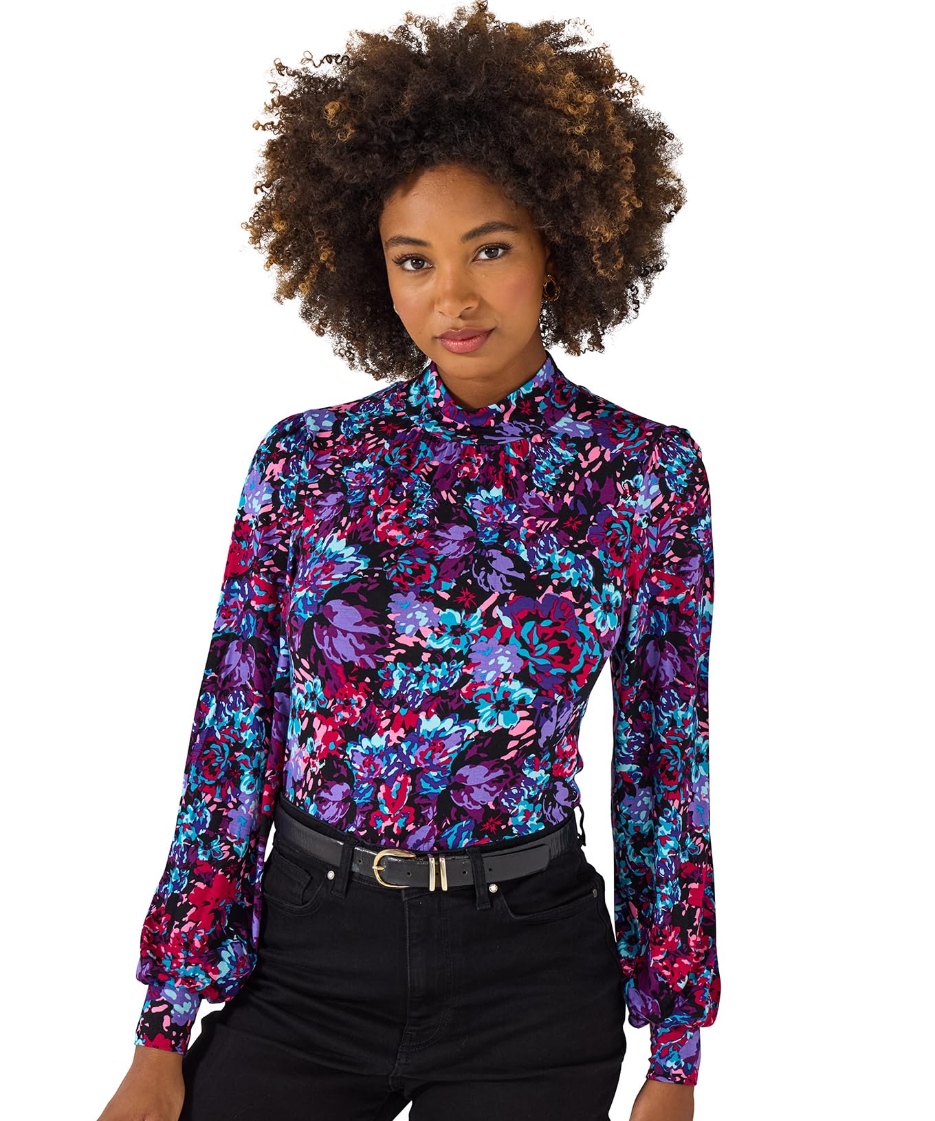 Joe Browns Women's Vibrant Floral Print High Neck Jersey Top, Regular, Purple, UK 18