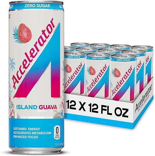 Bebida energética Accelerator, guayaba isleña en lata de 12 onzas (paquete de 12), sin azúcar, energía sostenida de cafeína 100% natural (200 mg de