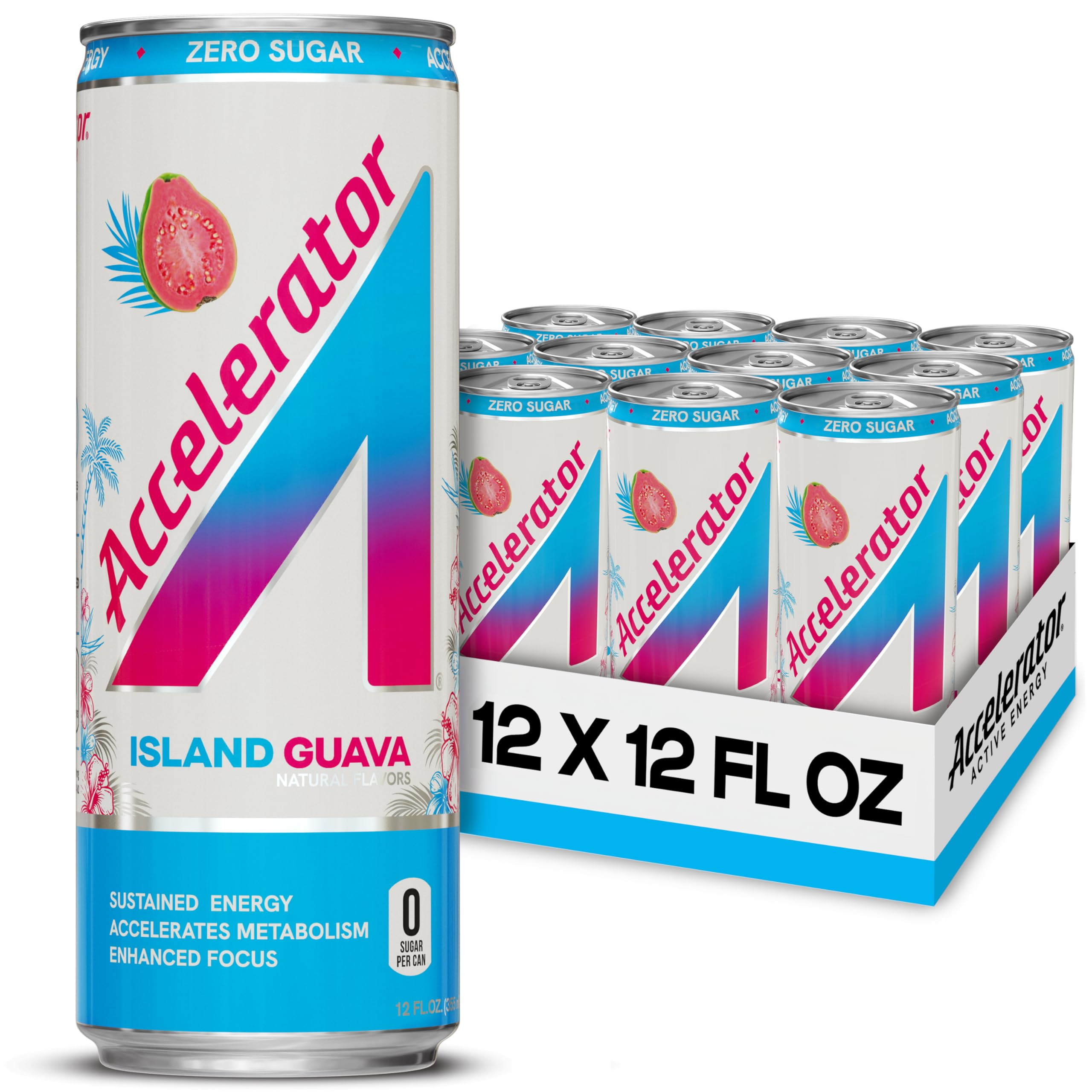 - Accelerator Energy Drink, Island Guava 12oz can (12 pack), Zero Sugar, Sustained Energy from 100% Natural Caffeine (200mg from Green Coffee Bean & Green Tea extract)
