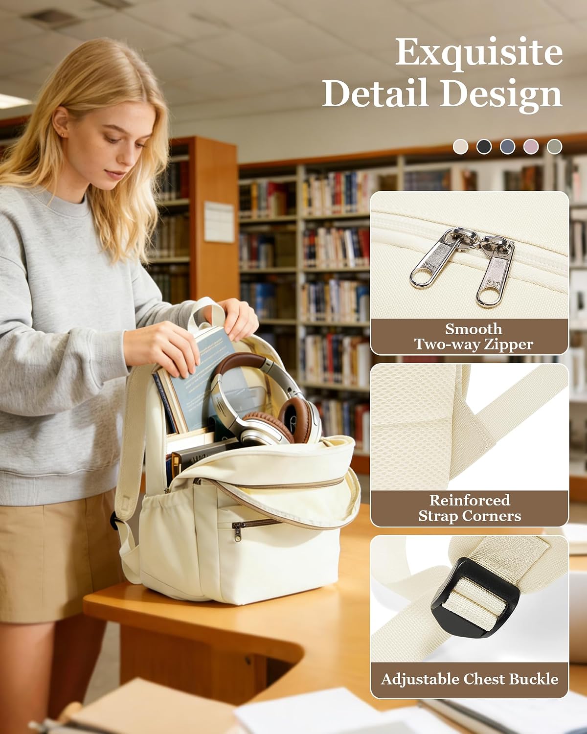 Lightweight School Backpack for Women Men, Multi Pocket Backpack for College Students, Waterproof Middle School Bags, Simple Bookbag for Teens Girls Boys, Beige image 4