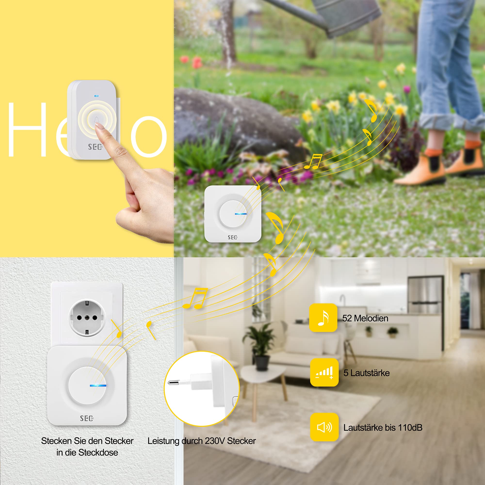 SEC24 Kit De Sonnette Sans Fil Avec 2 Carillons De Porte Plug-in, 2 Piles Et 2 Boutons De Sonnette Sans Fil, 52 Sonneries, Noir