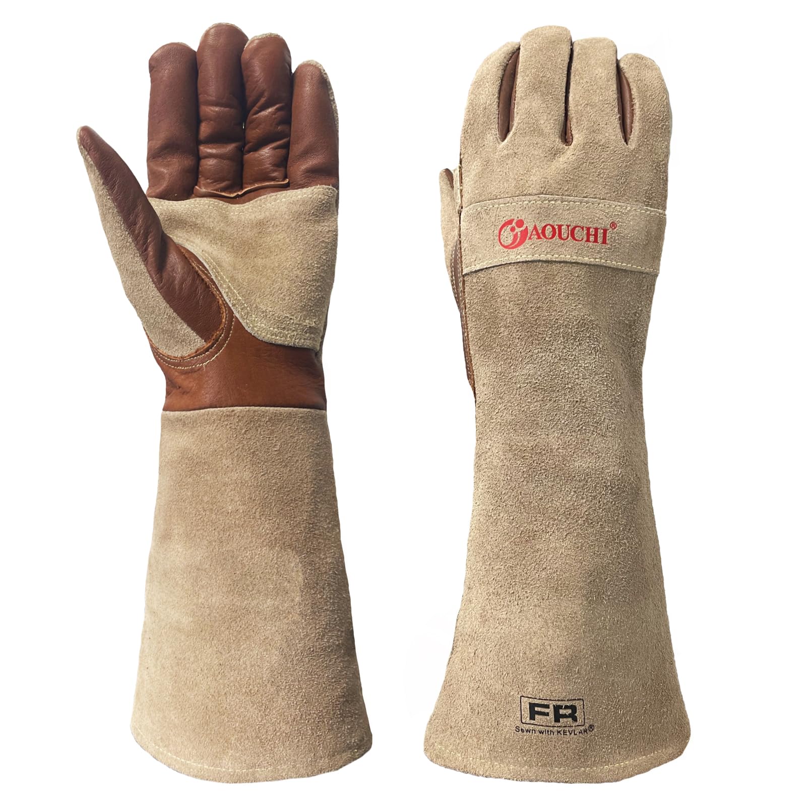 AOUCHI Cowhide BBQ Welding Gloves for Women and Men Long Sleeve Fireproof and Heat Resistant Mitts for Barbecue TIG MIG