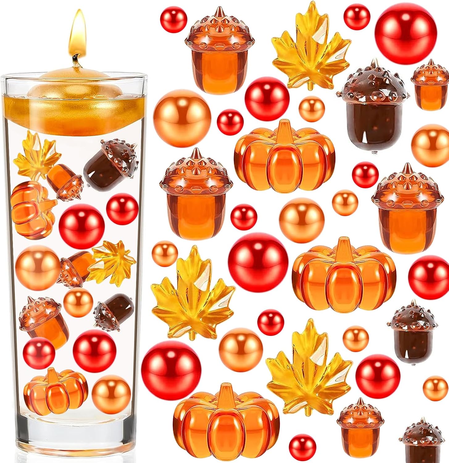 132Pcs Fall Vase Filler Faux Bead Pumpkin Maple Leaves Acorns Thanksgiving Vase Fillers for Centerpieces Thanksgiving Fall Table Party Decoration