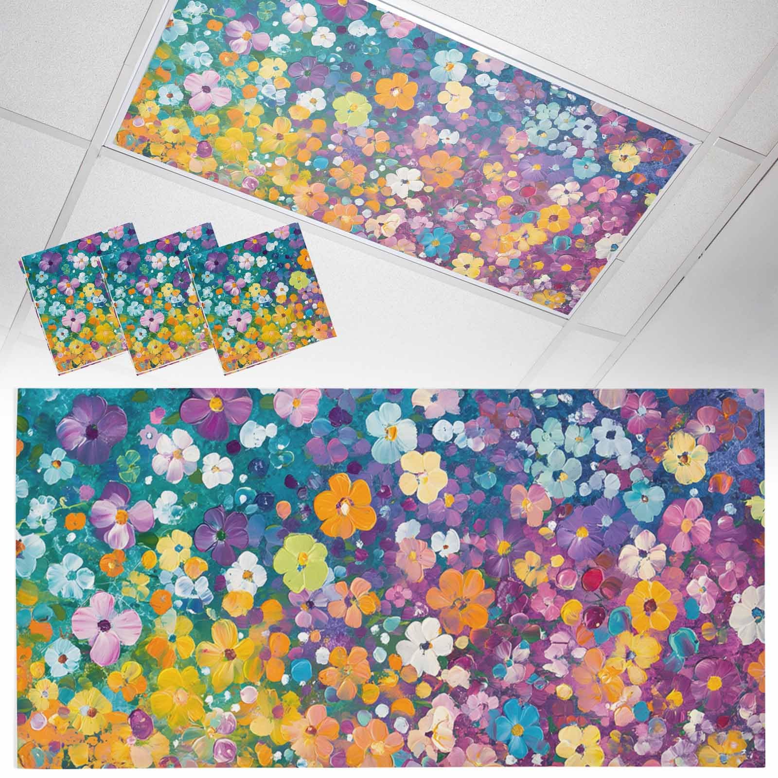 Wowouhiya 3 Pack Fluorescent Light Cover for Ceiling Lights, Colorful Spring Floral Magnetic Classroom Light Filters 4x2 Feet, Modern Oil Painting Abstract Art Decorative Ceiling Shade Panel