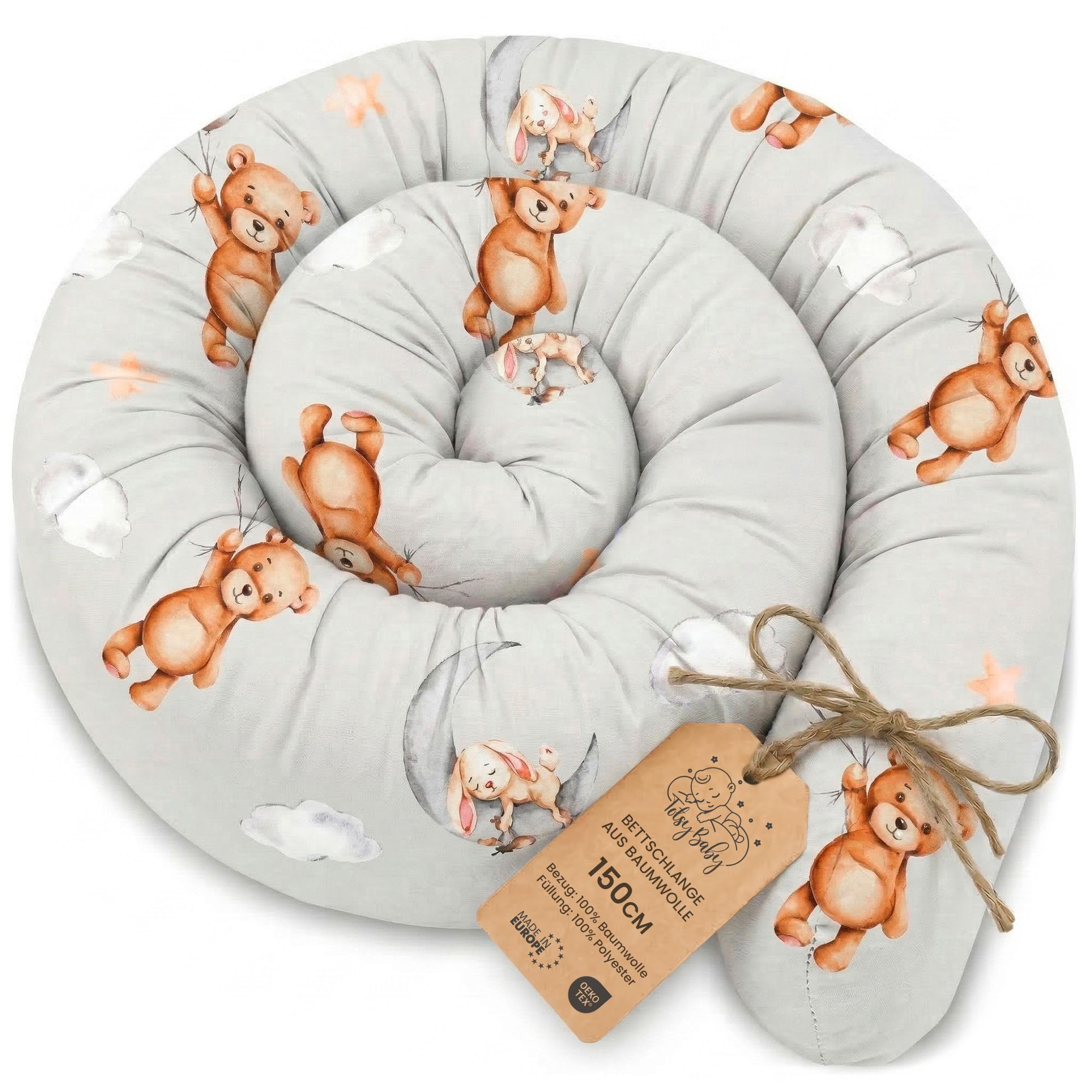 Totsy Baby Side sleeper bed snake body pillow 150 cm cotton long bed roll sleeping neck headrest Oeko-Tex Teddy bears โ image 1