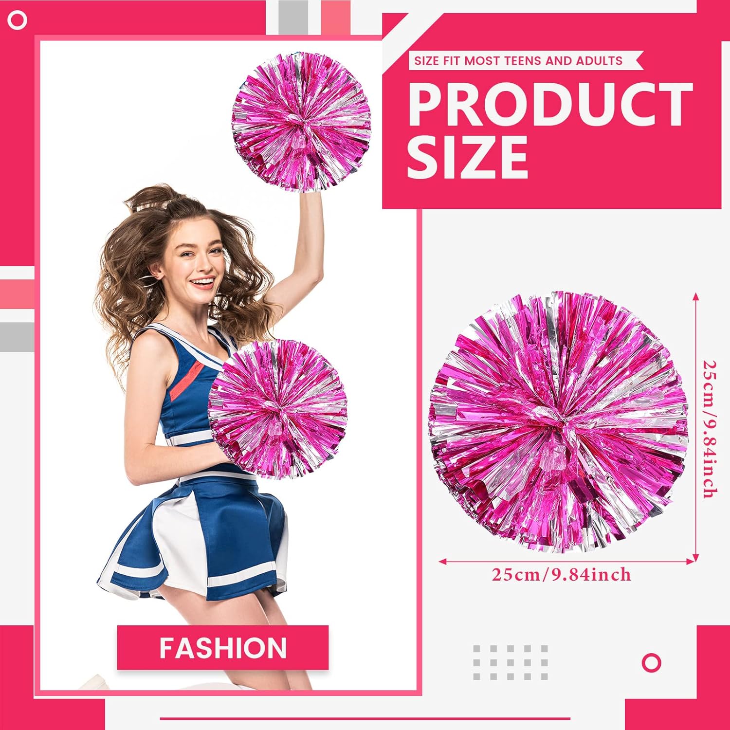 Cheerleader Pom Poms 20 Pack Sports Dance Cheering Plastic Metallic Cheerleading Pom Poms for Kids Adults (Powder+Silver)