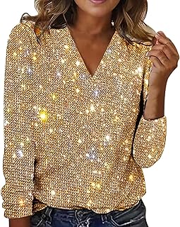 Tech - Camiseta de lentejuelas para mujer, casual, elegante, con purpurina, cuello en V, manga larga, sin botones, color liso