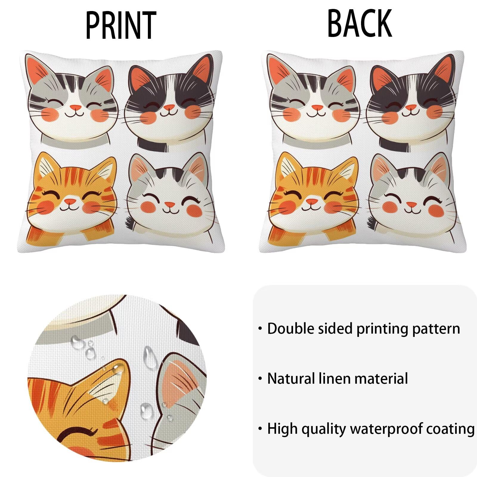 Fundas de Cojines Impermeables para Exterior Lindo Funda Cojin 55x55 cm Juego de 4 Cuadradas Lino Funda de Almohada Decorativas para Sofá Terraza Silla Jardín Cojines Decorativos (Gato) L-O339