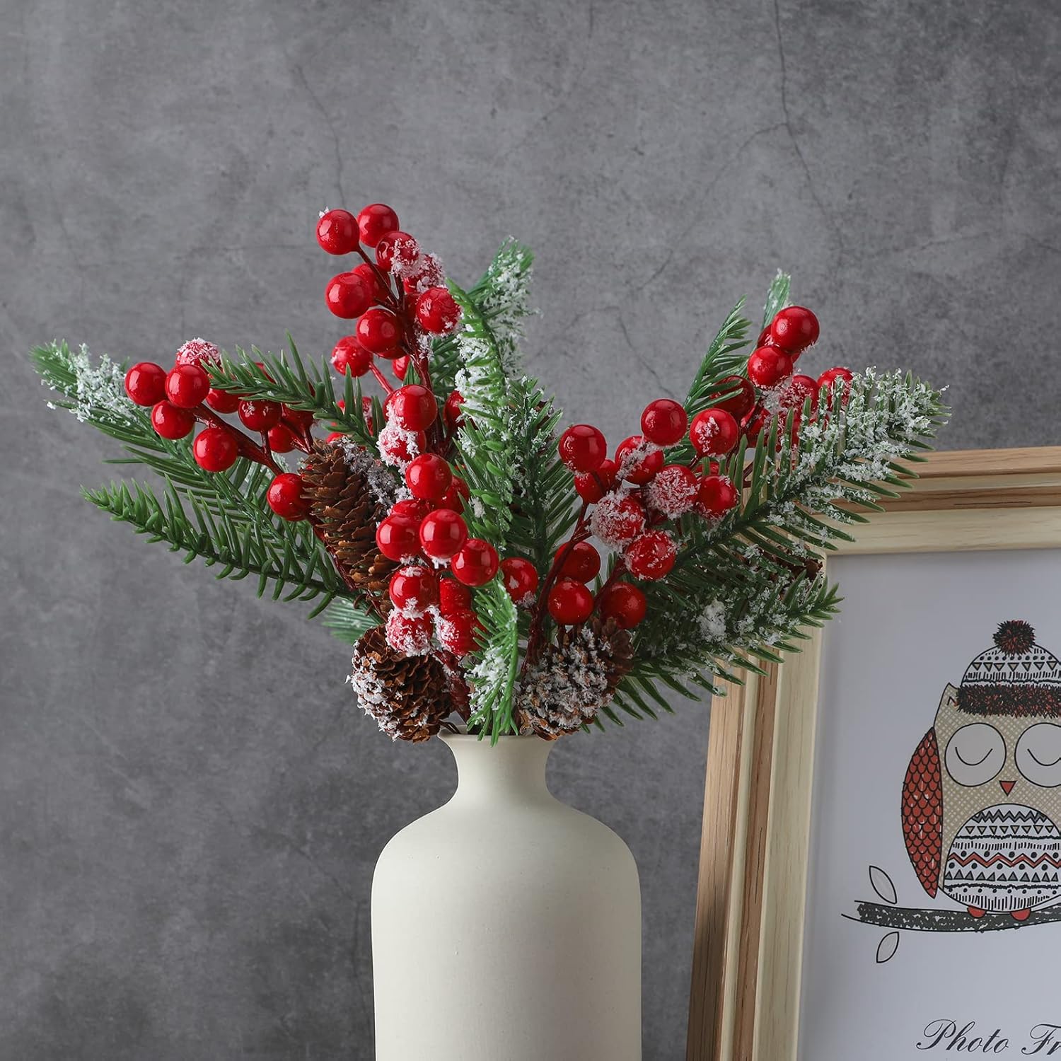 12Pcs Christmas Artificial Pine Branches, Christmas Picks Holly Red Berry Stems Branch Craft Wreath Pick for Xmas Tree Garland Xmas Crafts Holly Branches for Wedding DIY Tree Home Green