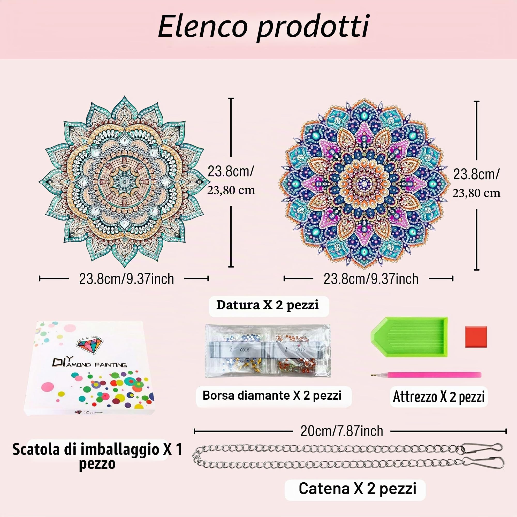 Fokenzary - Set completo per diamond painting 5D per adulti con decorazione a catena, mandala fai da te, speciale decorazione con gemme di cristallo (24 * 24 cm*2 pezzi)