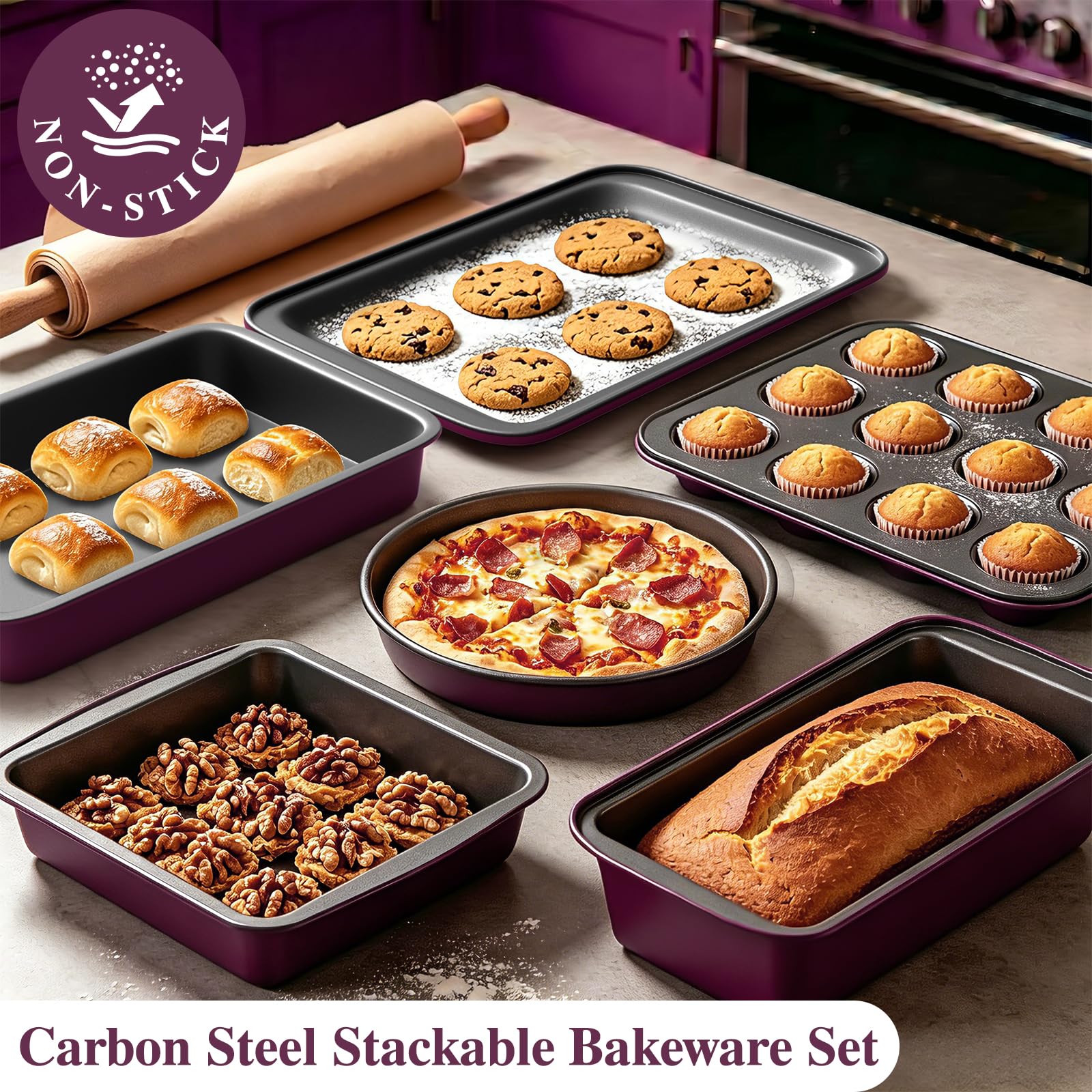 Pots and Pans Set Nonstick, Umite Chef 31-Piece Induction Cookware & Bakeware Set with Frying Pans, Saucepans, Casserole, Steamer, Baking Set & Utensils, PFAS-Free Kitchen Starter Set (Purple) view 7