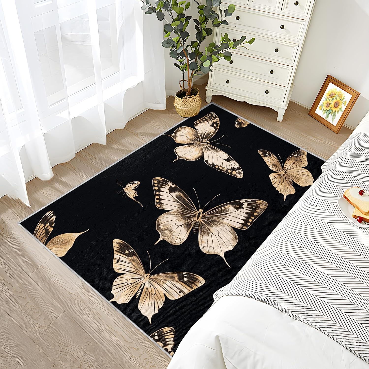 Butterfly Rug for Girls Room - 2x3 Rug - Butterfly Rug - Butterflies Black and Gold Area Rug - Elegant Luxury Rugs - Vintage Carpet - Butterfly Home Decor