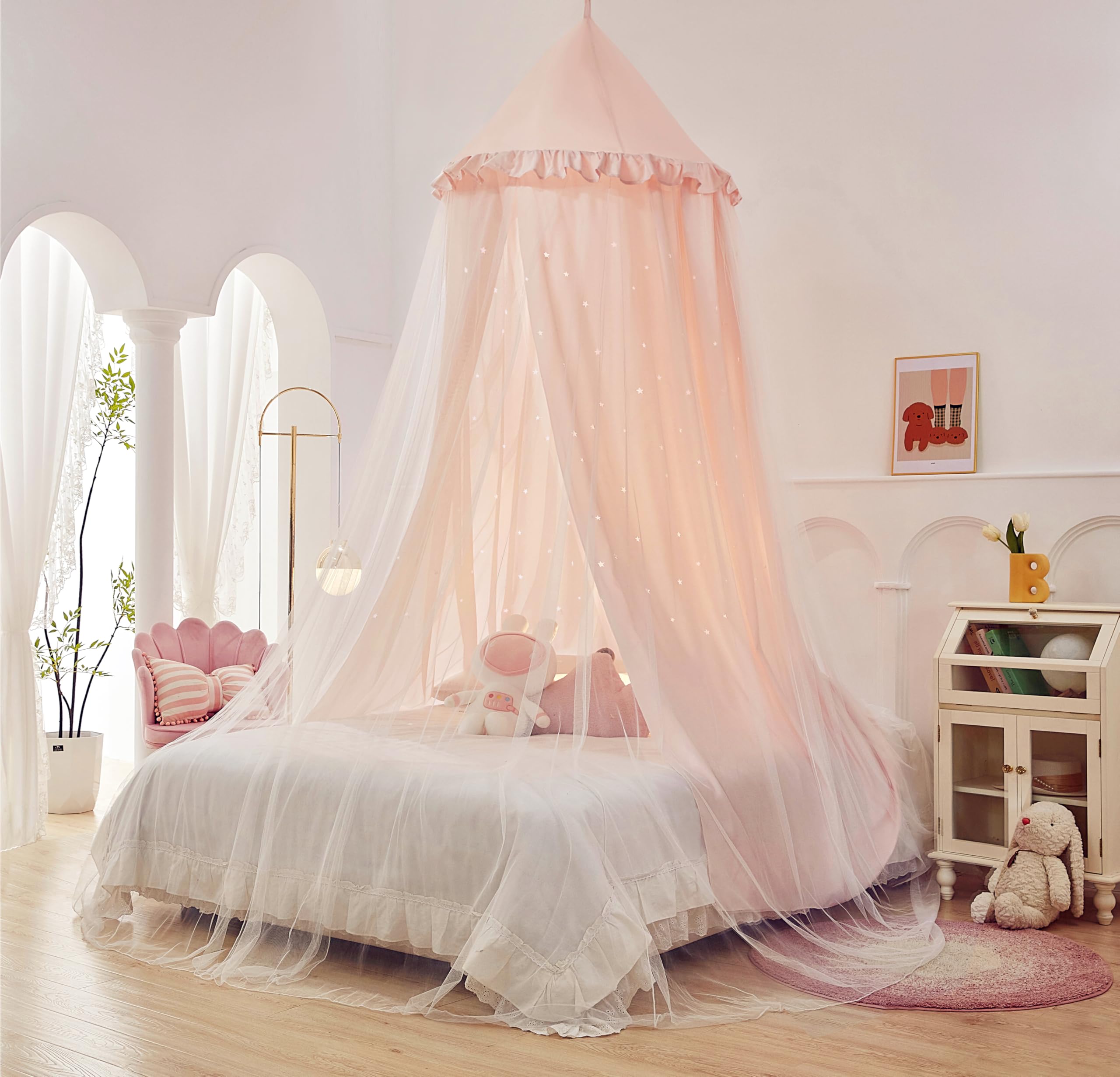 Baldaquin de lit princesse pour fille, double couche avec étoiles découpées, tissu respirant et lavable, convient pour lit double, tente féérique pour décoration de chambre