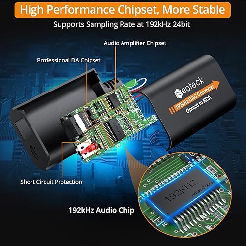 Miniatura 2 de Neoteck Convertidor DAC de 192 kHz de 7 pies6.9 ft, cable óptico a RCA, convertidor digital a analógico SPDIF a RCA, con chipset amplificador de
