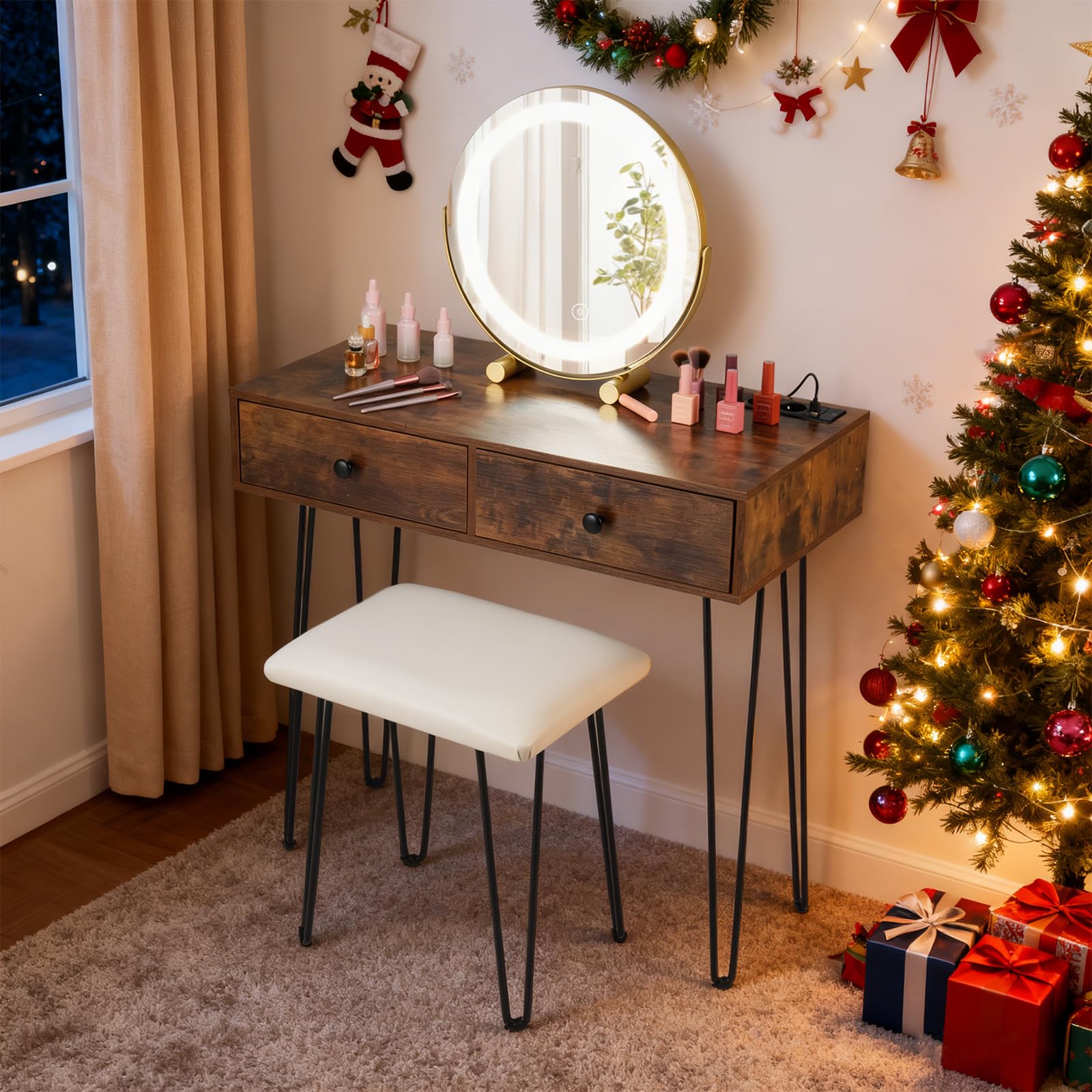 COSTWAY Toeletta Trucco con Specchio e Luci, Tavolo Trucco con Specchio Regolabile, Stazione di Ricarica Integrata, 2 Cassetti, Sgabello Imbottito, per Soggiorno Camera da Letto