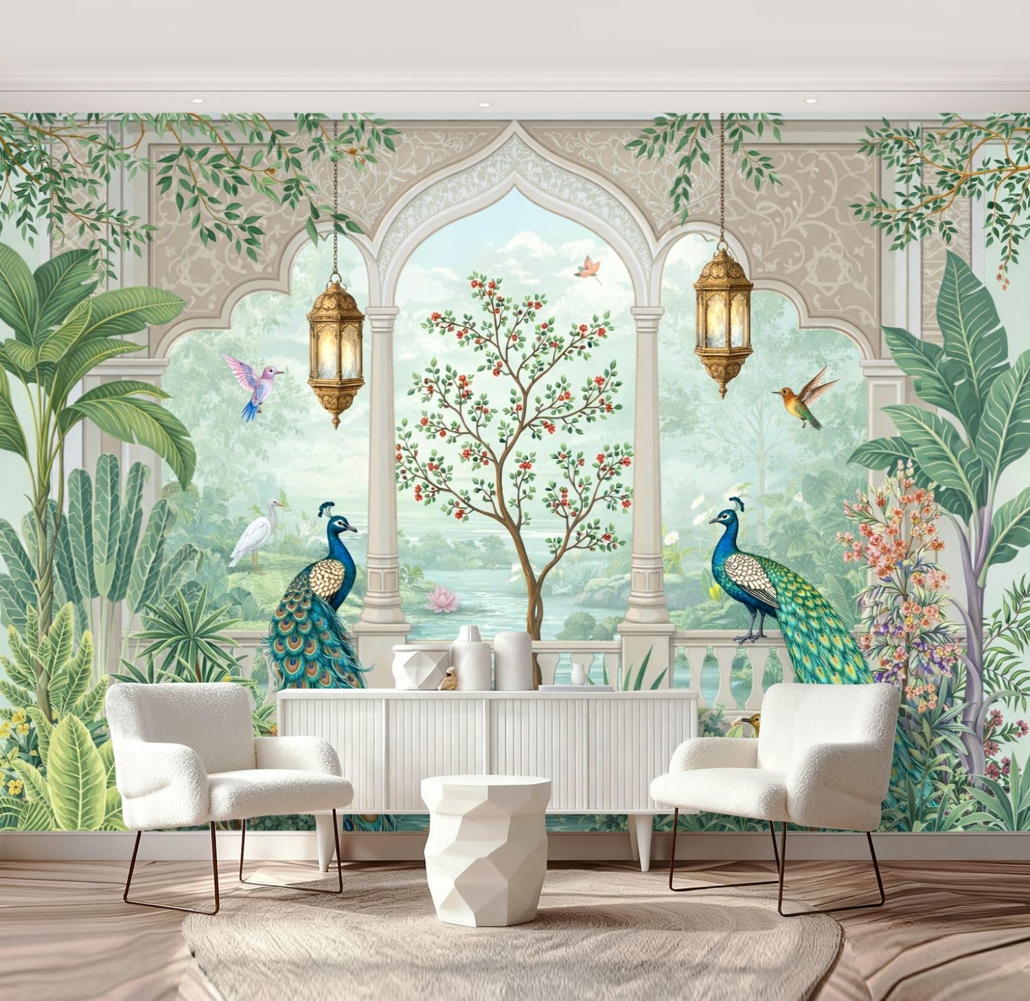 Wall Mural Peel and Stick Traditional Mughal Wall Mural Tropical Plant Birds Wallpaper Self Adhesive Removable Large Wall Stickers Home Decor for Living Room Bedroom 69"x96"