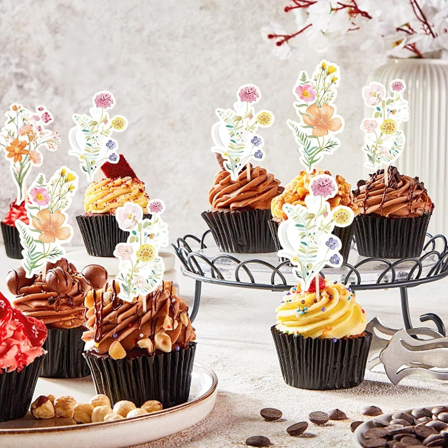 36 Pcs Flower Cupcake Toppers, Assorted Flower Cupcake Decorations DIY Dessert Cupcake Decoration Suitable for Flower Themed Birthday Party Cake Decorations - Style 2