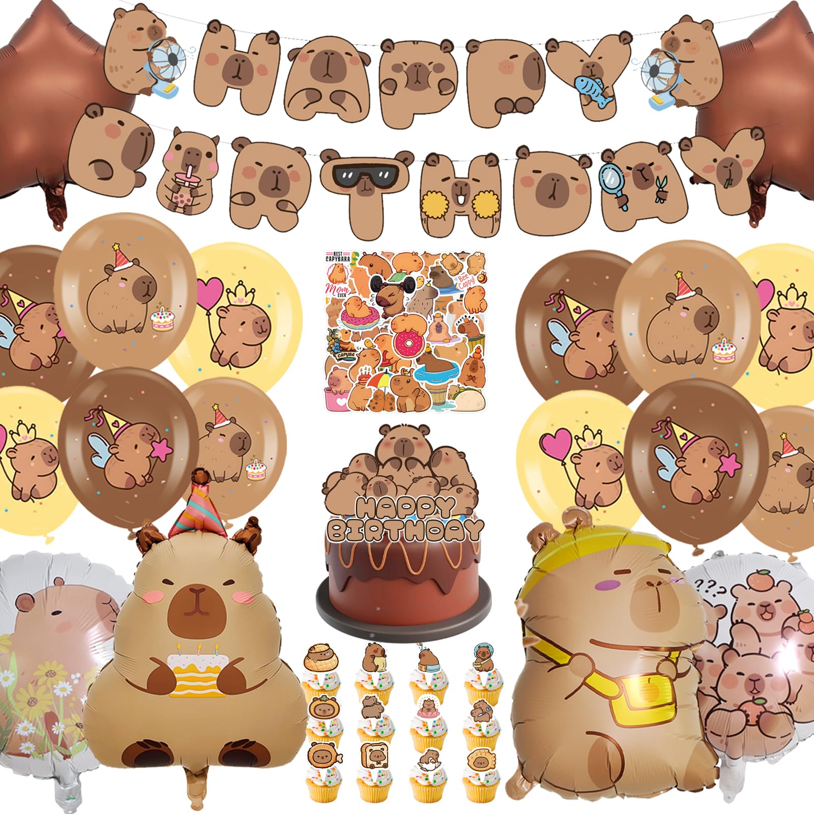 AUNGKWANG Capybara Birthday Decoration Boy Girl 98 Pieces Capybara Decoration Birthday Set with Balloons Banner Cake Decoration and Stickers for Children's Birthday Party Decoration