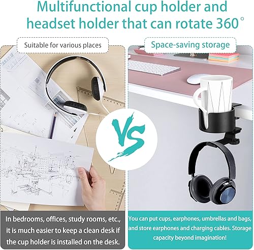 Miniatura 6 de Portavasos de escritorio 2 en 1 con soporte para colgar auriculares, soporte antiderrames, rotación de 360°, aleación de aluminio, capacidad de