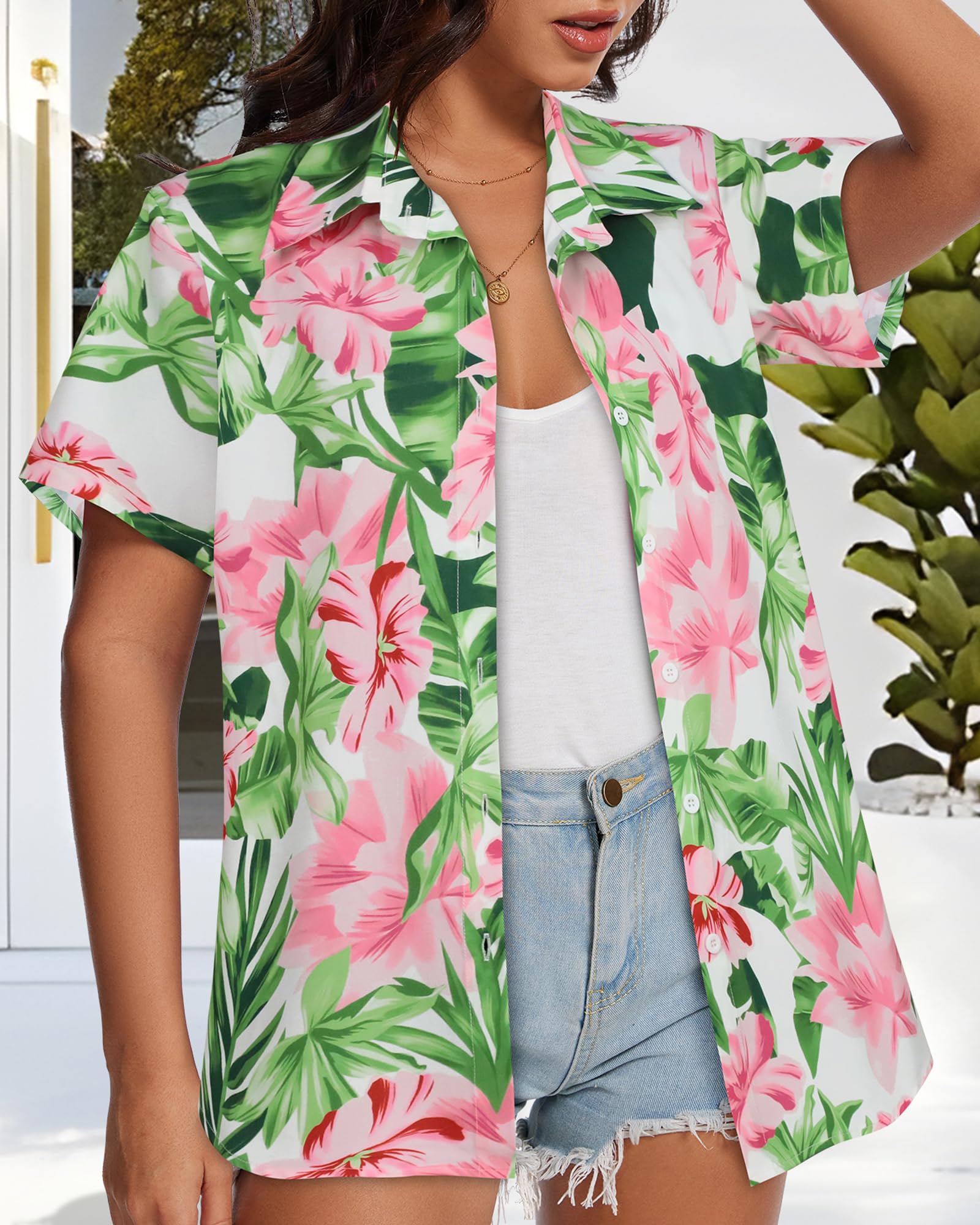 Gosunny Camicia hawaiana da donna, estiva, tropicale, hawaiana, floreale, a maniche corte, da spiaggia, con bottoni
