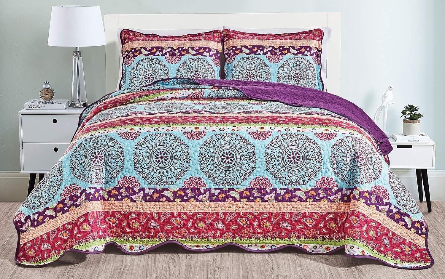 Masterplay 3-Piece Fine Printed Oversize (115" X 95") Quilt Set, Bedspread Coverlet King Size Bed Cover (Purple, Red, Blue, Boho, Paisley)
