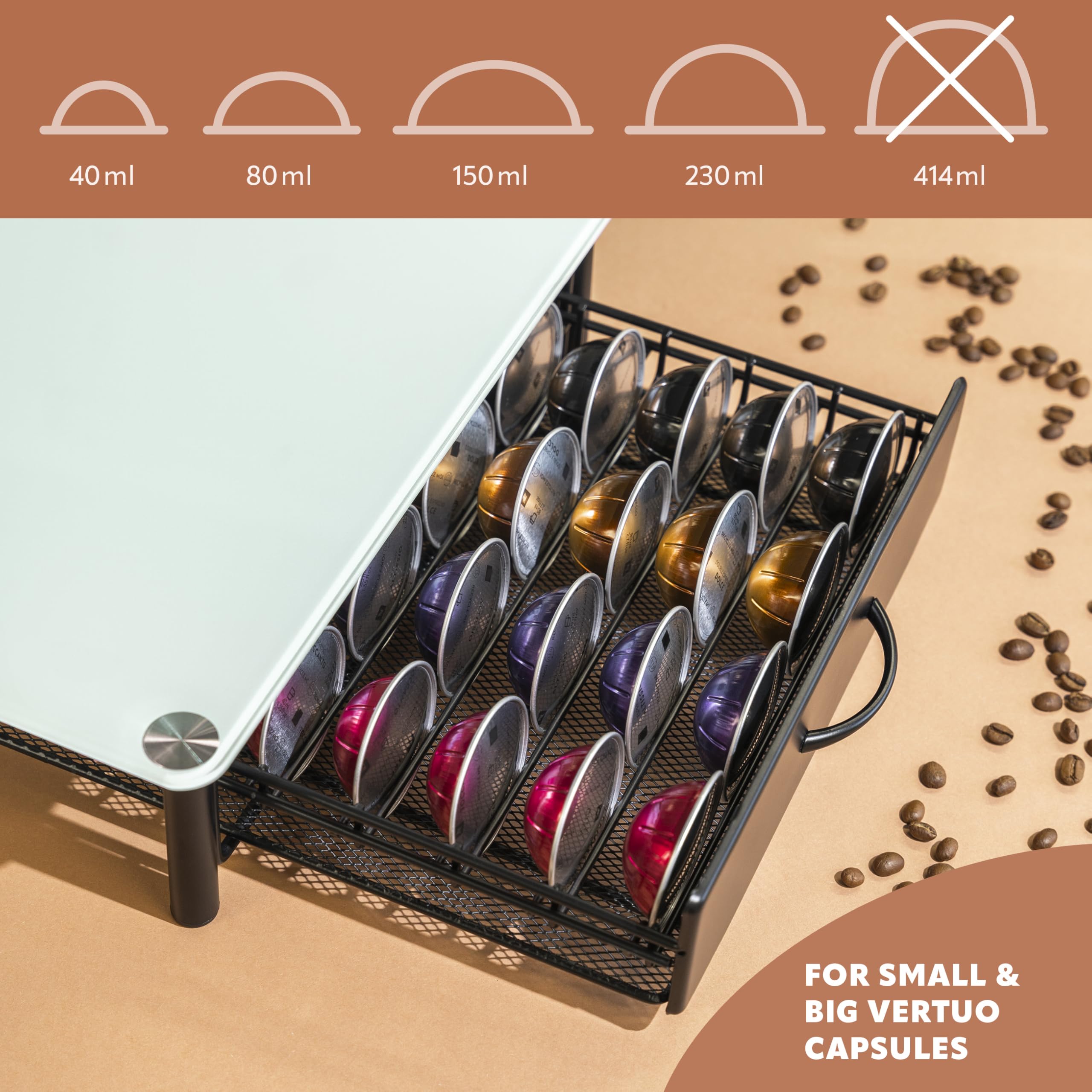 eluno Uchwyt na kapsułki do 40 x Nespresso Vertuo, pojemnik z szufladami, szklany stojak na maszynę, metalowy i szklany blat, pojemnik na kapsułki z kawą, dozownik kapsułek (biały)