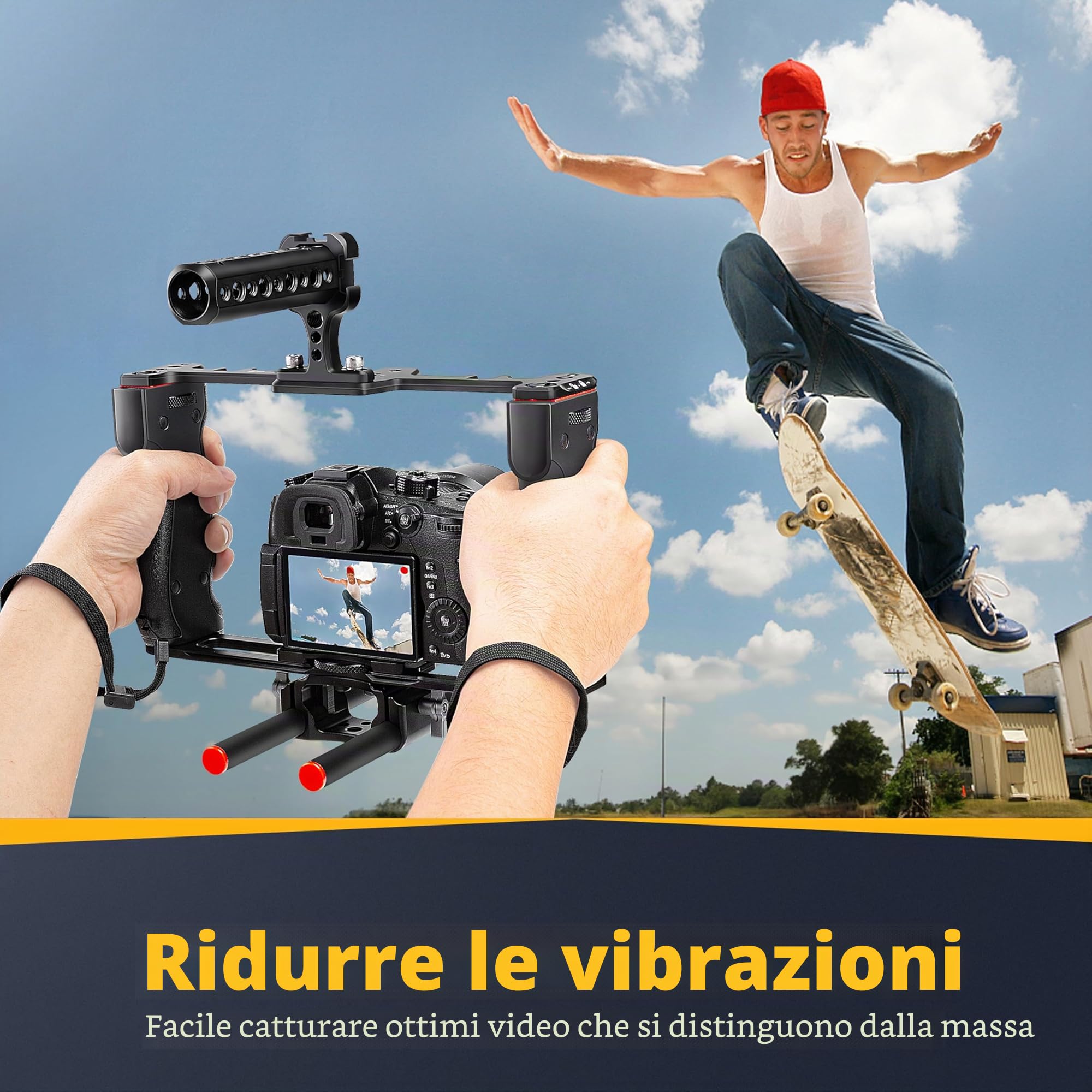 Zeadio Gabbia universale per fotocamera, rig stabilizzatore video a doppia impugnatura con maniglia superiore, 6 attacchi cold shoe, per filmmaking e vlogging YouTube ecc
