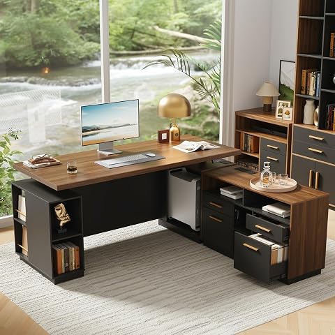 ModernMate 71" L-Shaped Standing Desk with File Cabinet, AC/USB, 1.18" Desktop,