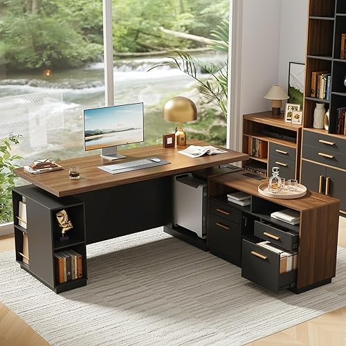 71" Standing Desk with 2 File Cabinet, AC/USB, 1.18" Desktop, L Shaped Height Adjustable Desk, Electric Furniture Set with Multiple Functions for Home and Office, Black Walnut