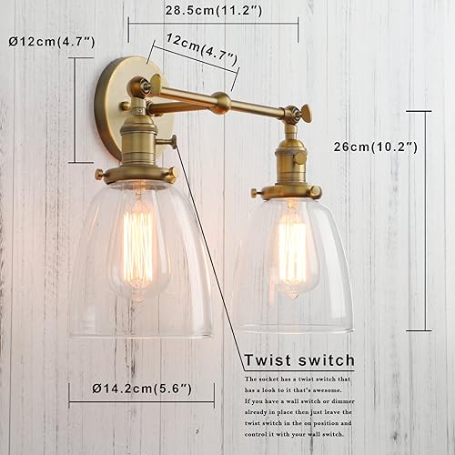 Miniatura 2 de Permo Aplique doble vintage industrial antiguo 2 luces apliques de pared con cono ovalado pantalla de vidrio transparente (antiguo)