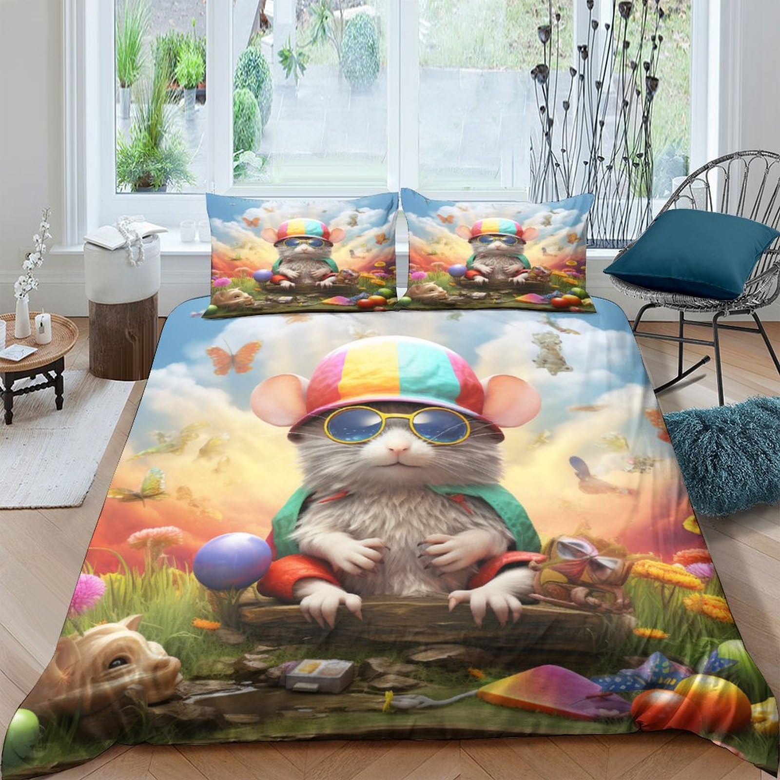 Housse de couette souris 3D douce 200x200 anti-plis pour lit enfant et adolescent