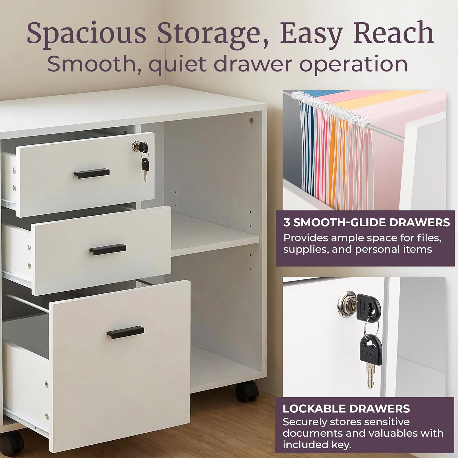 3 Drawer File Cabinet with Lock - Wooden Lateral Filing Cabinet with 3 Storage Drawers and Adjustable Shelf - Rolling Printer Stand for Home Office Organization and Storage by Lavish Home (White)