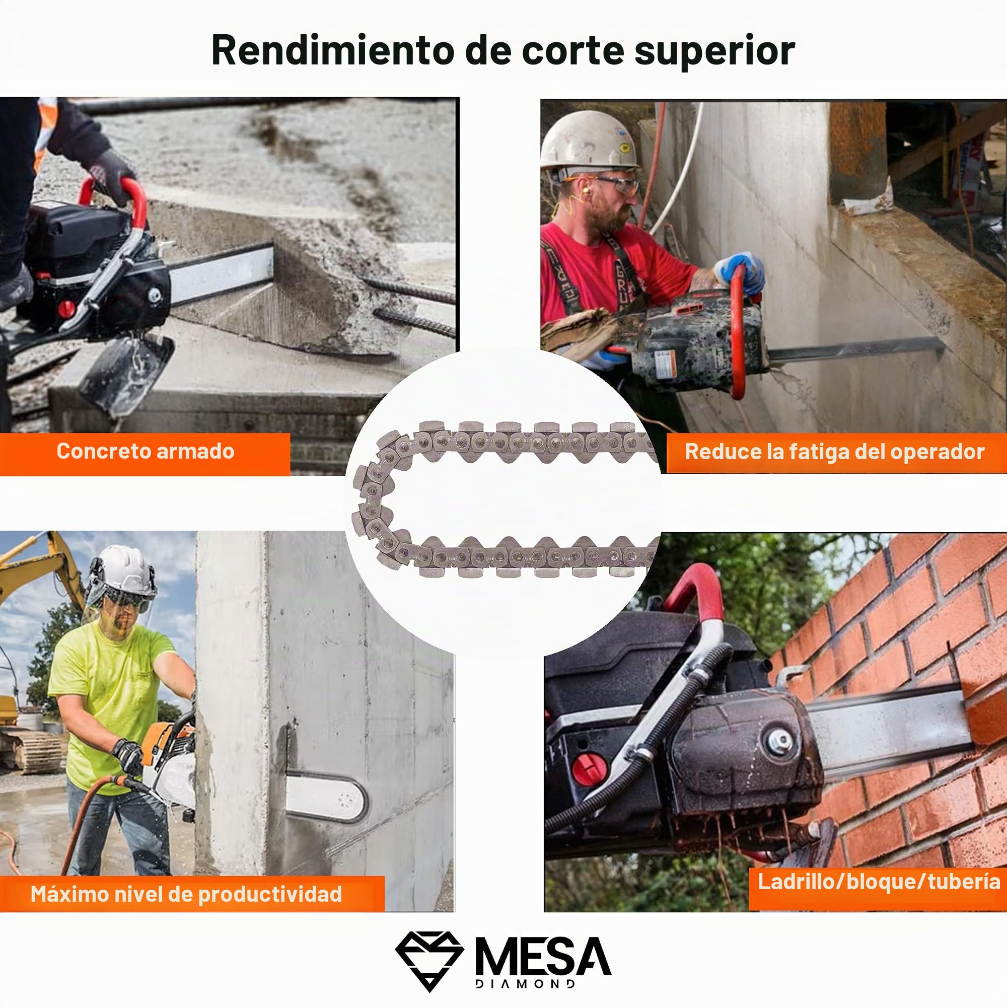 Cadena de motosierra de hormigón de 15/16 pulgadas, paso de 7/16 pulgadas, cadena de diamante para cortar hormigón, se adapta a ICS, motosierras hidráulicas Husqvarna, diamante de mesa