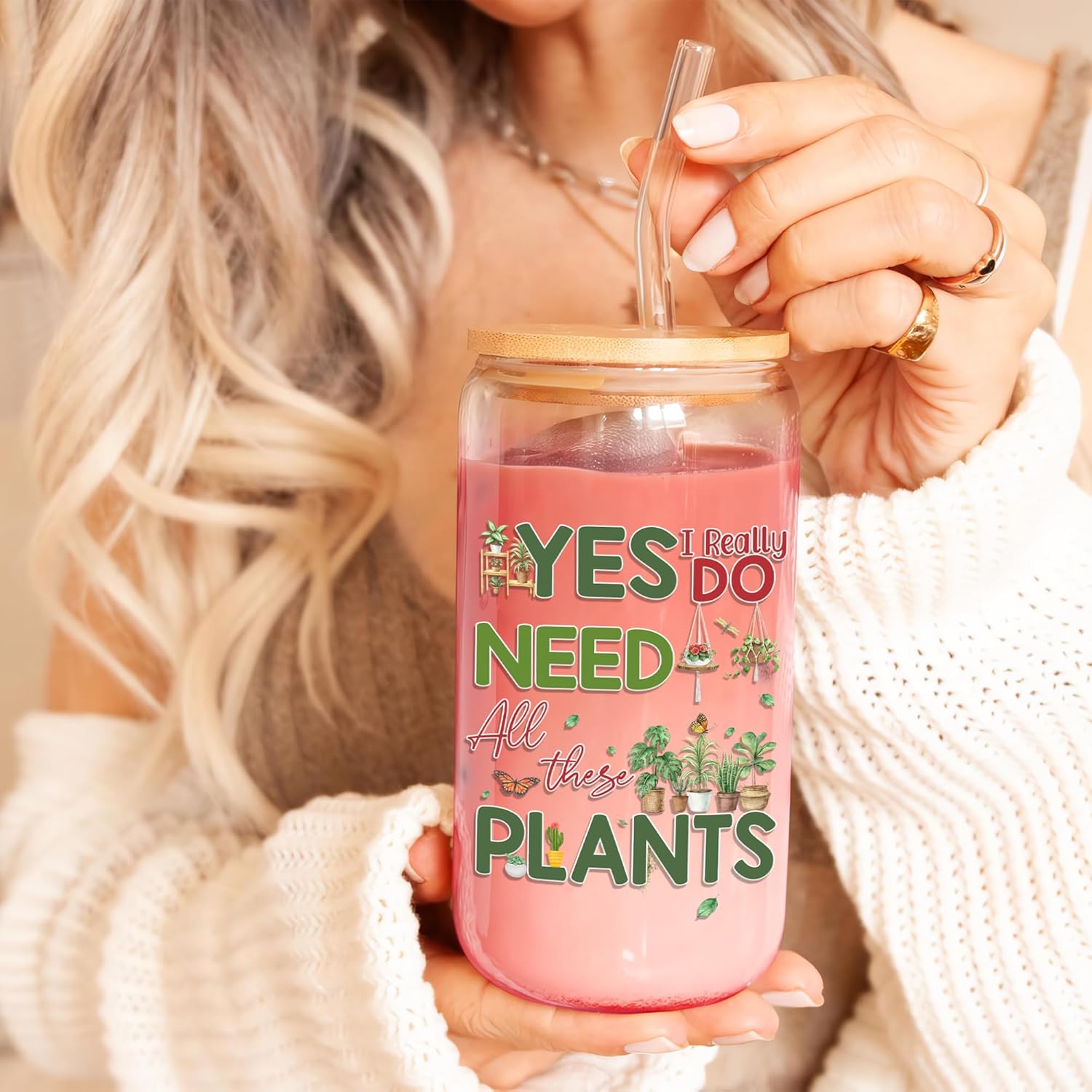Gifts for Plant Lovers 16 Oz Glass Cup with Lid and Straw Plant Lady Coffee Mug Funny Plants Lover Tumbler Mothers Day Christmas Birthday Present for Gardeners Women Men Mom Dad - Image 3