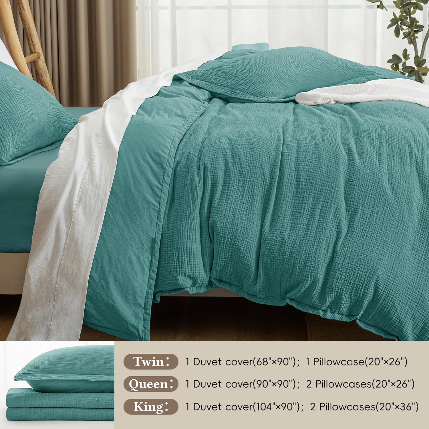 David's Home 100% Cotton Muslin Duvet Cover Set Twin Size,2 Pcs Ultra Soft Breathable & Lightweight Gauze Bedding Set with 1 Pillowcase,Textured Home Decor with Button, 68"×90" Teal,No Insert