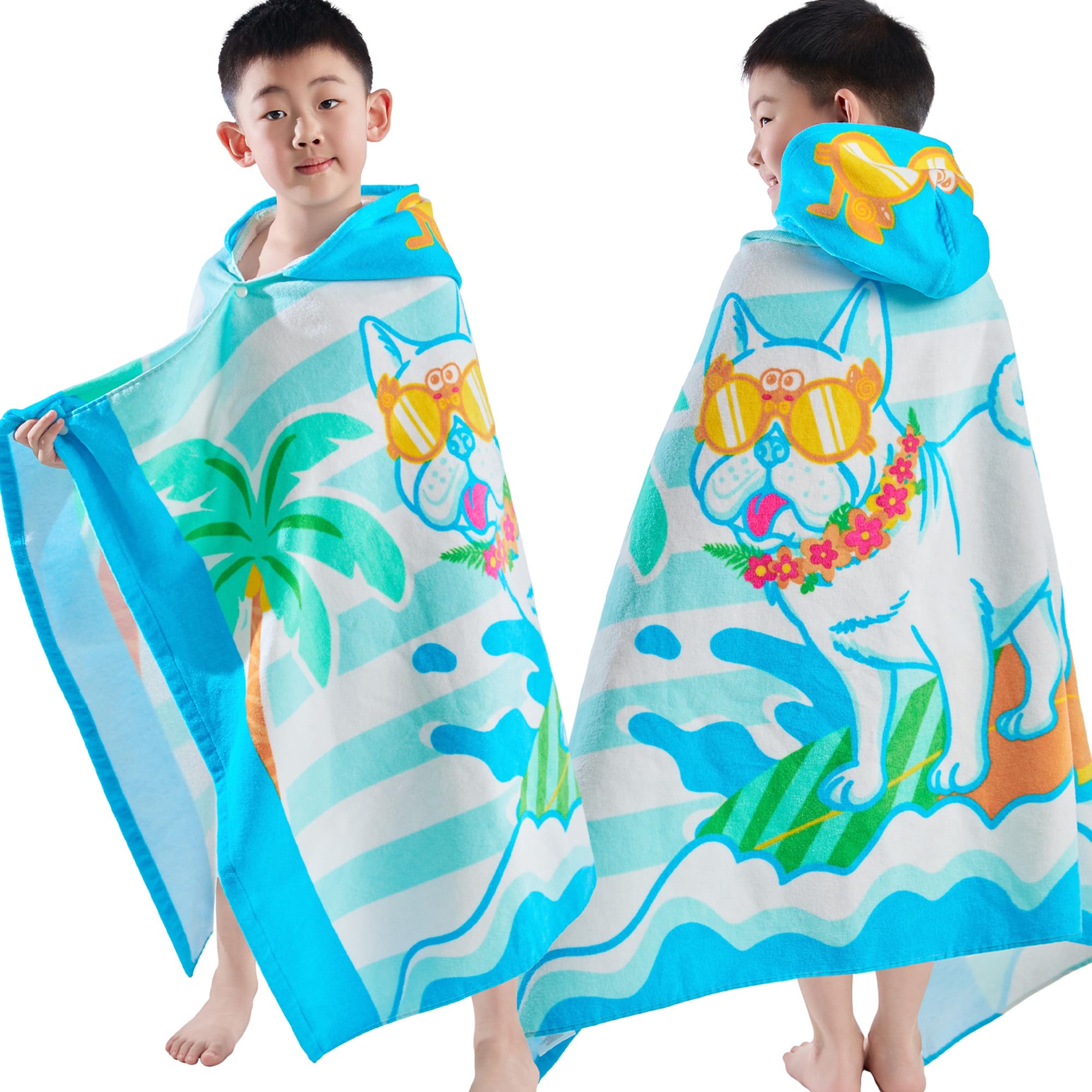 Boys Hooded Beach Towel – Spacecraft Theme, 30x50 Inches, Quick-Dry With Snap Buttons
