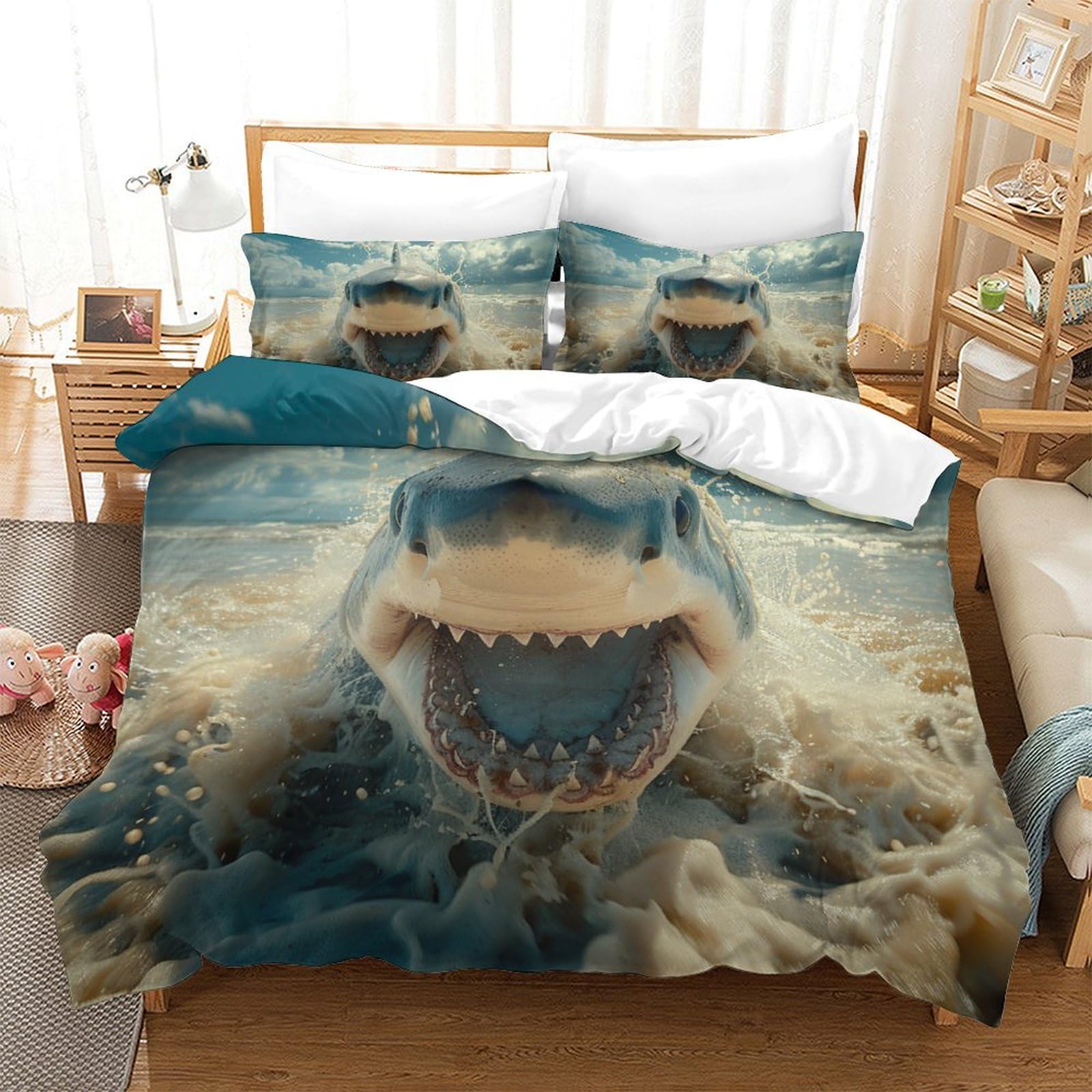 Housse de couette grand requin blanc anti-transpiration lit 260x220cm parure microfibre douce