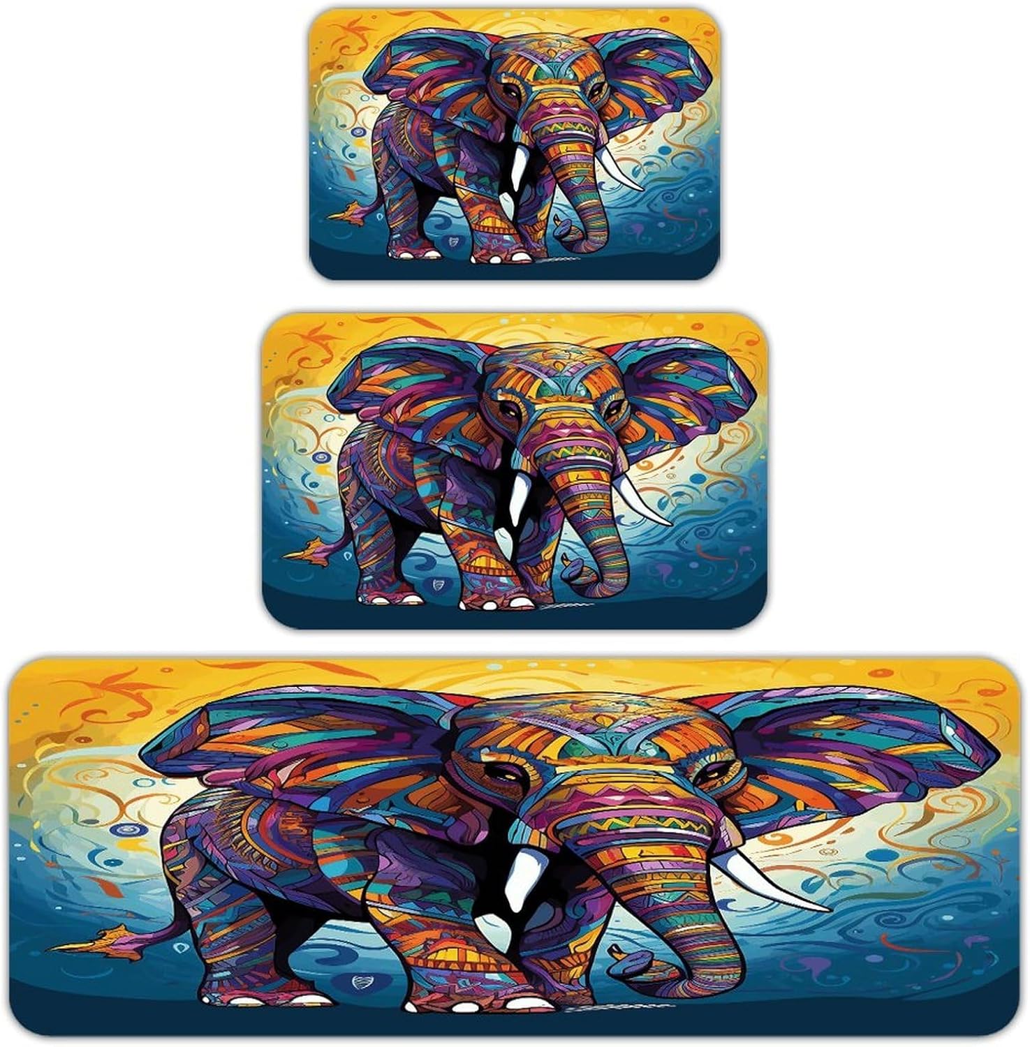 Colorful Elephant Kitchen Rugs Sets of 3 Non Slip Kitchen Mats for Floor Farmhouse Kitchen Sink Mat Thick Comfort Standing Mat for Laundry Room Hallway Bathroom