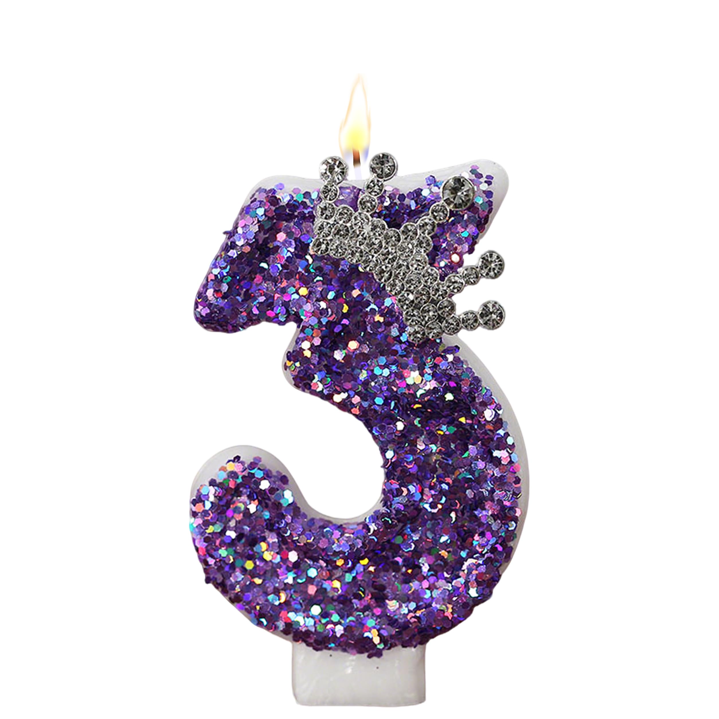 K Pop Number Birthday Candles, Glitter Crown Birthday Candles for Cakes Decoration, Stylish Kpop Music Themed Cake Topper for Girls Birthday Party Supplies & Anniversary (Holo Purple, Number 3)
