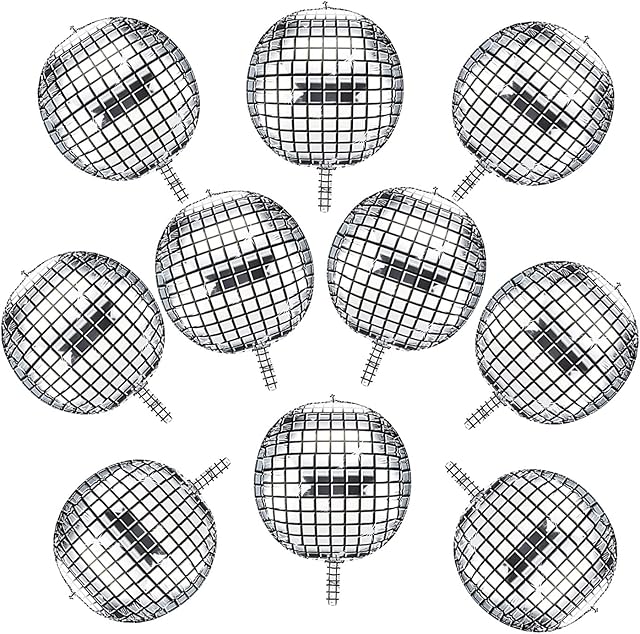 10 Pieces 22 Inch Disco Silver Foil Balloons for 70s Disco Party Decoration, 22Inch Giant 4D Mirror Metallic Balloons for Birthday Disco Dance Wedding Party Decorations