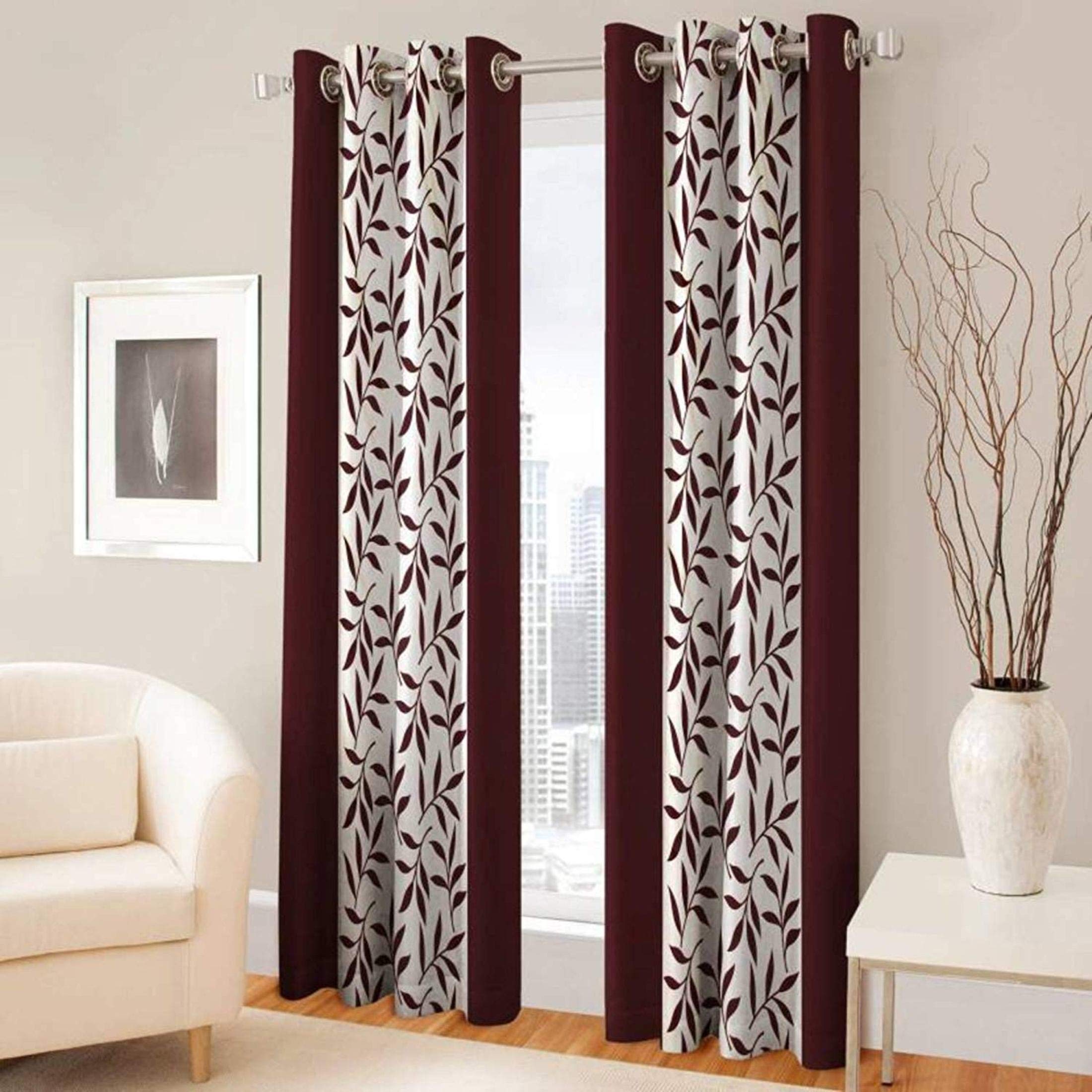Modern Floral Curtains - 6 Feet Long, Brown -1