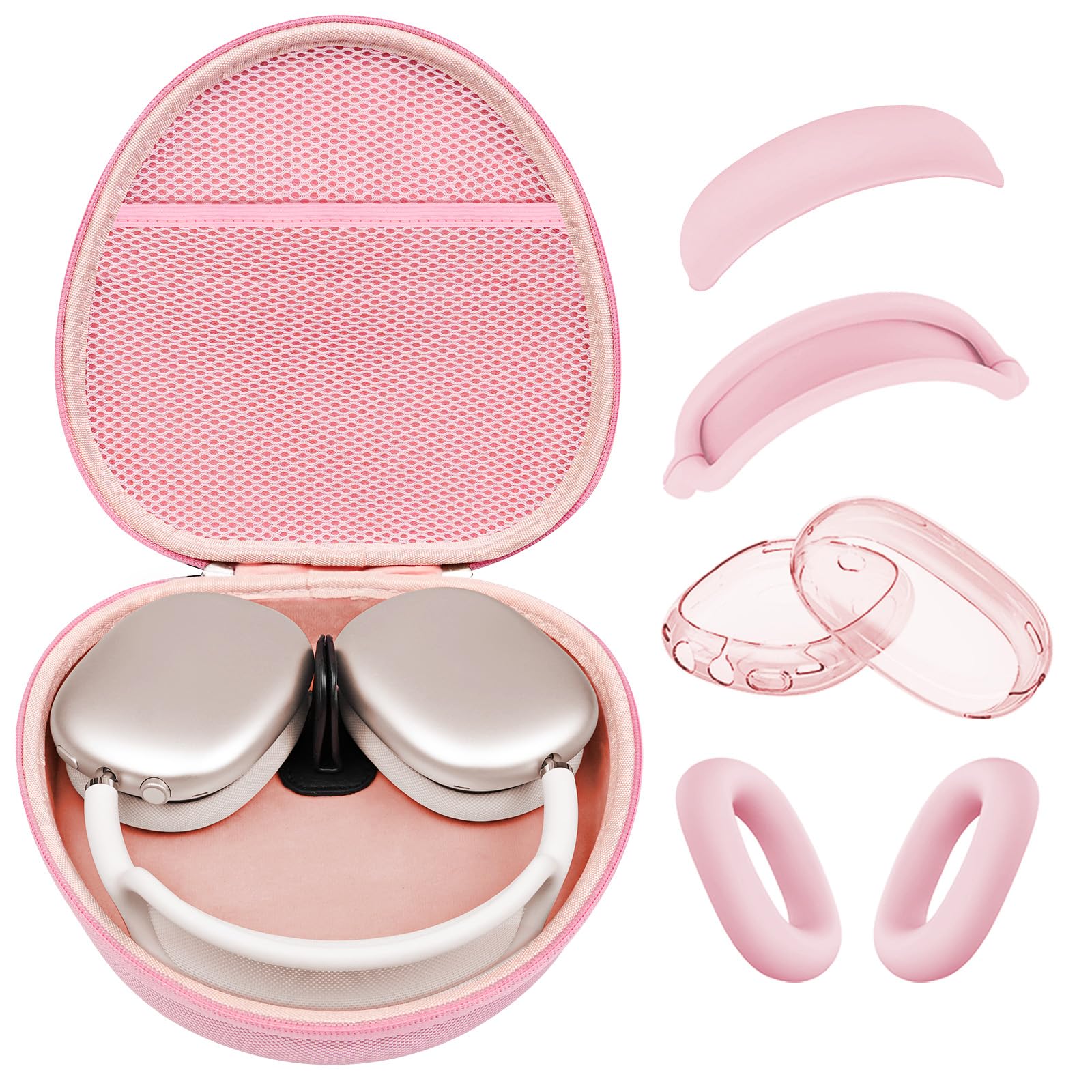Hard Case for AirPods Max 2 Supports Sleep Mode, Travel Carrying Headphone Case with AirPods Max 2/1 Clear Ear Cups Cover/Silicone Earpad Case/Headband Cover, Protective Portable Storage Bag, Pink