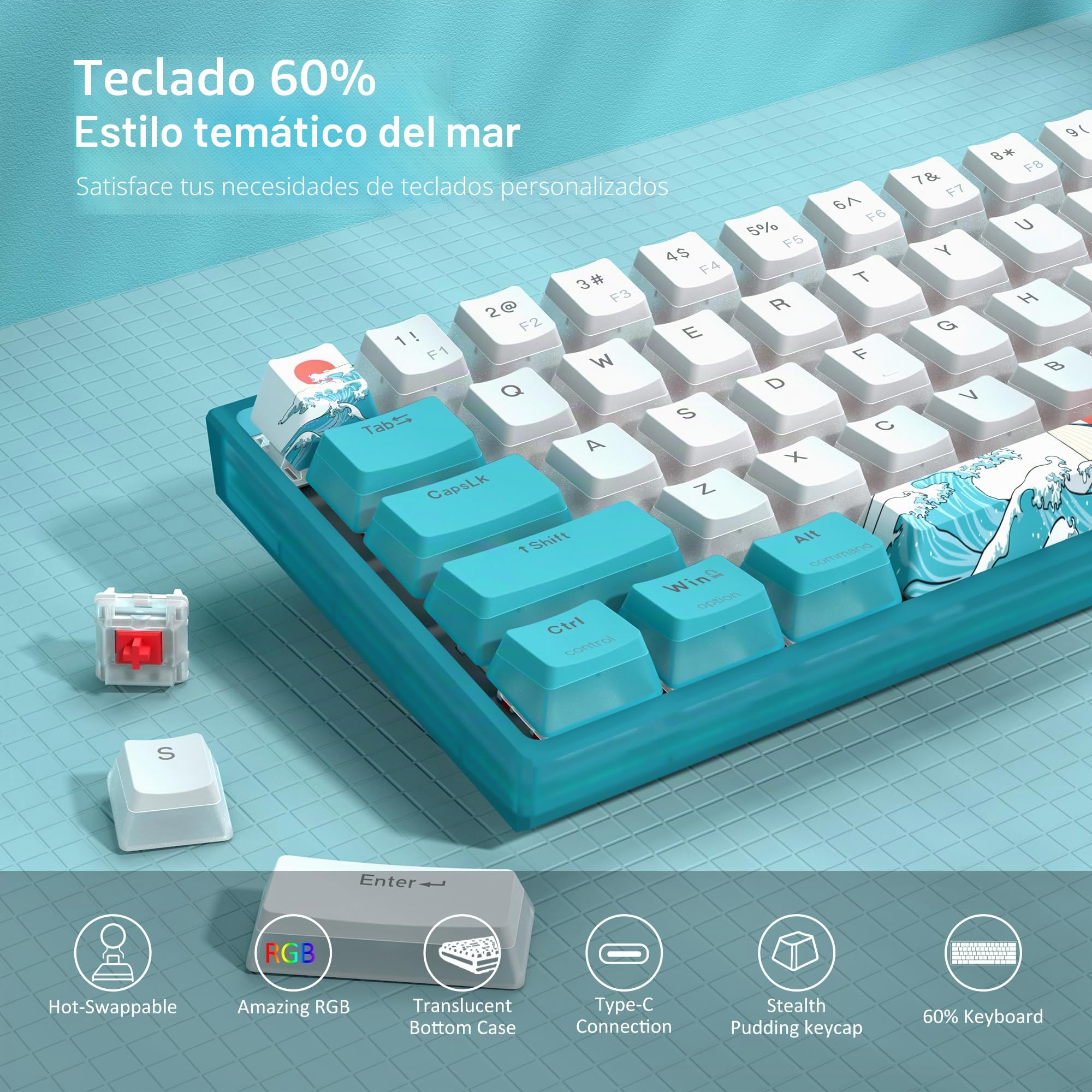 Womier Teclado mecánico WK61 V2 con Cable RGB para Juegos, Teclado cremoso Intercambiable en Caliente con Teclas PBT, Interruptor Rojo Lineal para Windows/Mac (Azul)